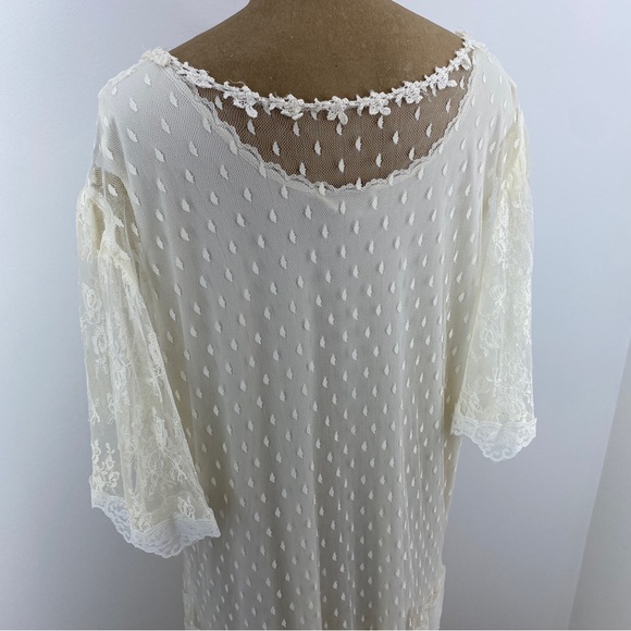 Vintage 80s Sue Brett White Lace Flutter Sleeve Drop Waist Shift Midi Dress - Picture 7 of 10